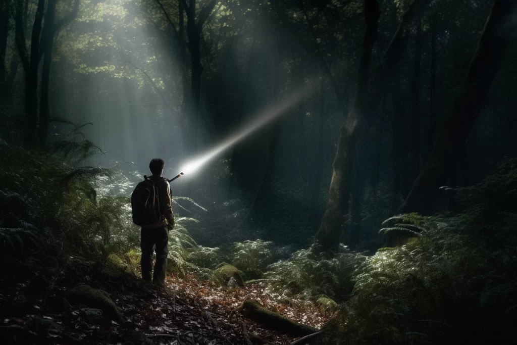 un homme en forêt qui éclaire avec une lampe torche à led la nuit