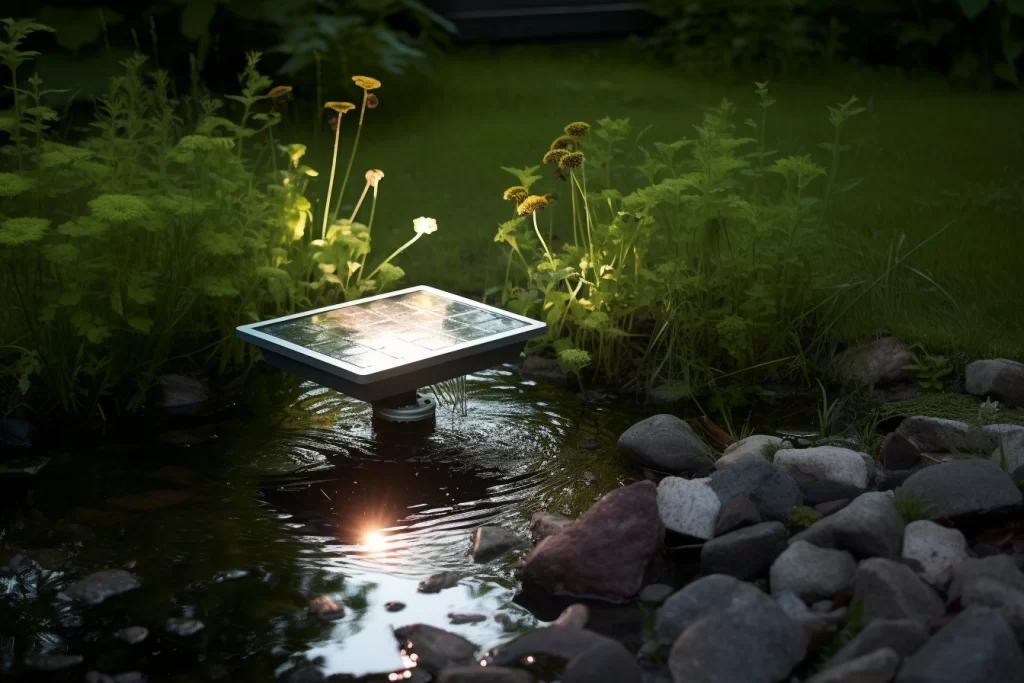 LED solaire est installé au bord d'une petite mare d'eau dans un jardin luxuriant. Le projecteur, avec son design moderne et élégant, se fond harmonieusement dans le paysage naturel environnant.Le projecteur est positionné de manière à éclairer la surface de l'eau, créant un jeu de lumière et d'ombre qui donne vie à la mare