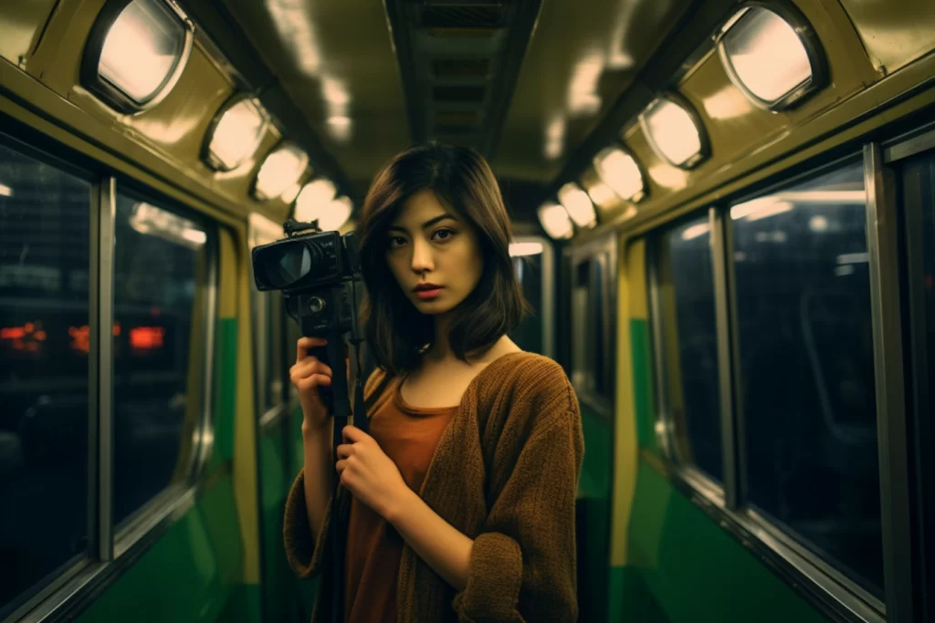 Une jeune femme élégante dans le métro, capturant un instant précieux avec son appareil photo, l'objectif tourné vers un paysage urbain dynamique et captivant.