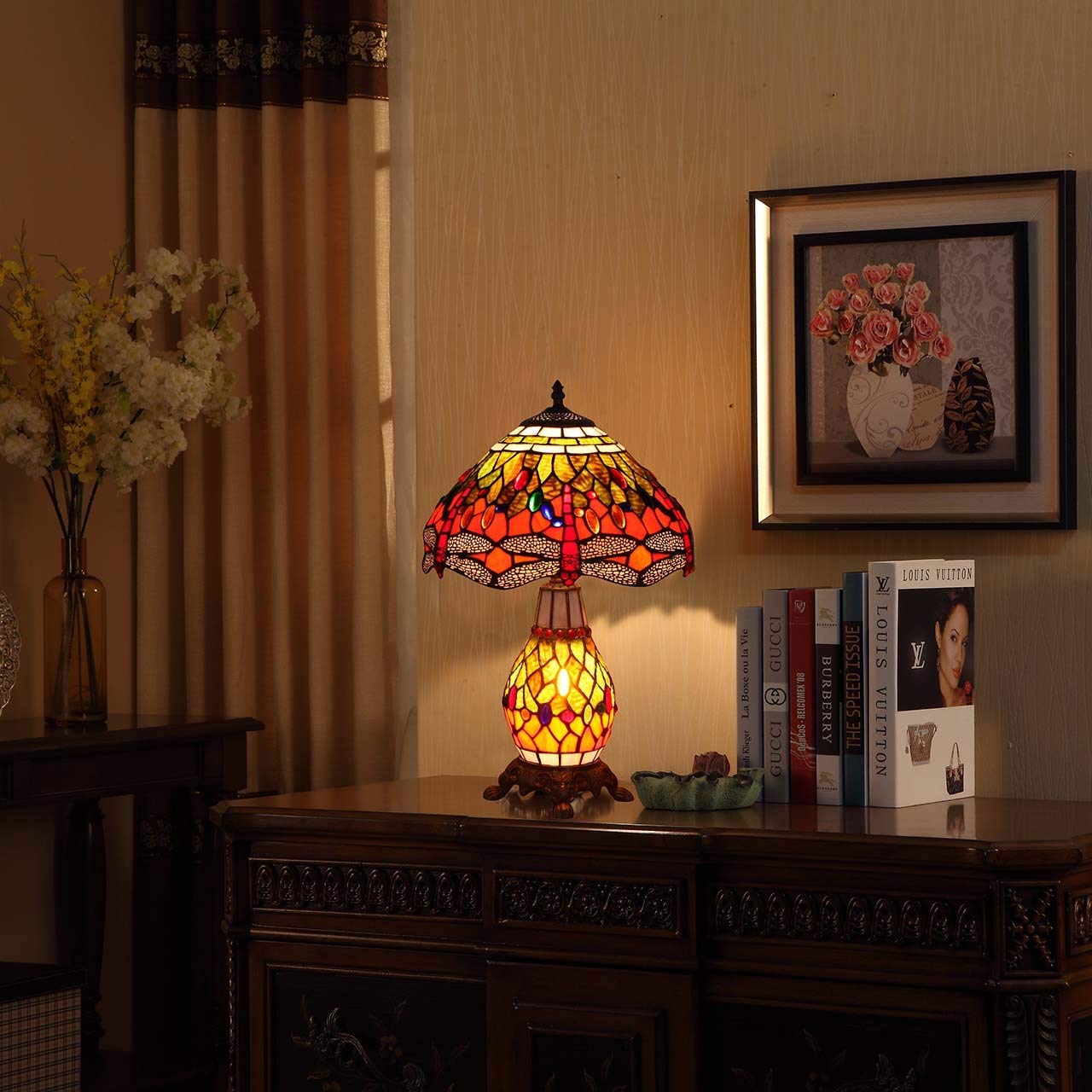 12 pouces Vintage pastorale magnifiques fleurs vitrail lampe de table lampe de chambre lampe de chevet 