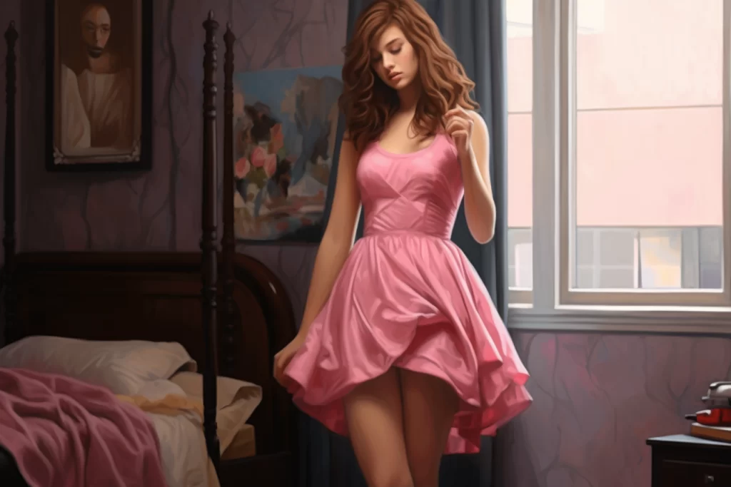 Une jeune fille debout dans sa chambre, vêtue d'une robe rose. Les murs sont pastel, la pièce baignée de lumière. Un décor doux et charmant, où la robe est mise en valeur. Un instant capturé, le fond de robe évoquant la grâce et l'innocence.