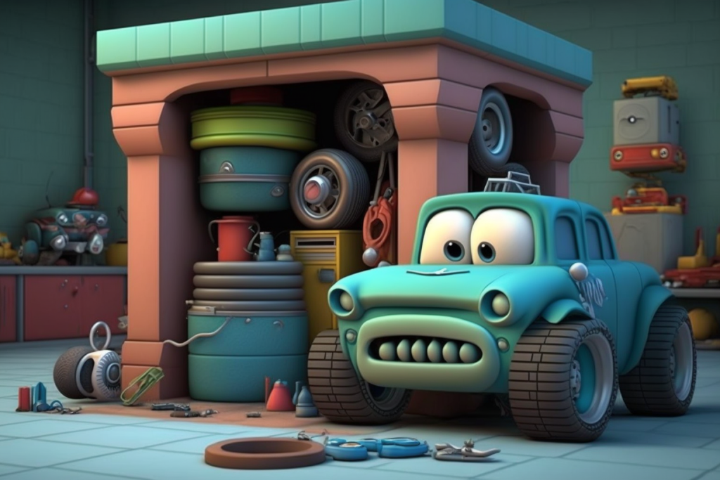 une image d'une véhicule dans le style garage en jouet. Des pneux et une voiture amusante pour les enfants