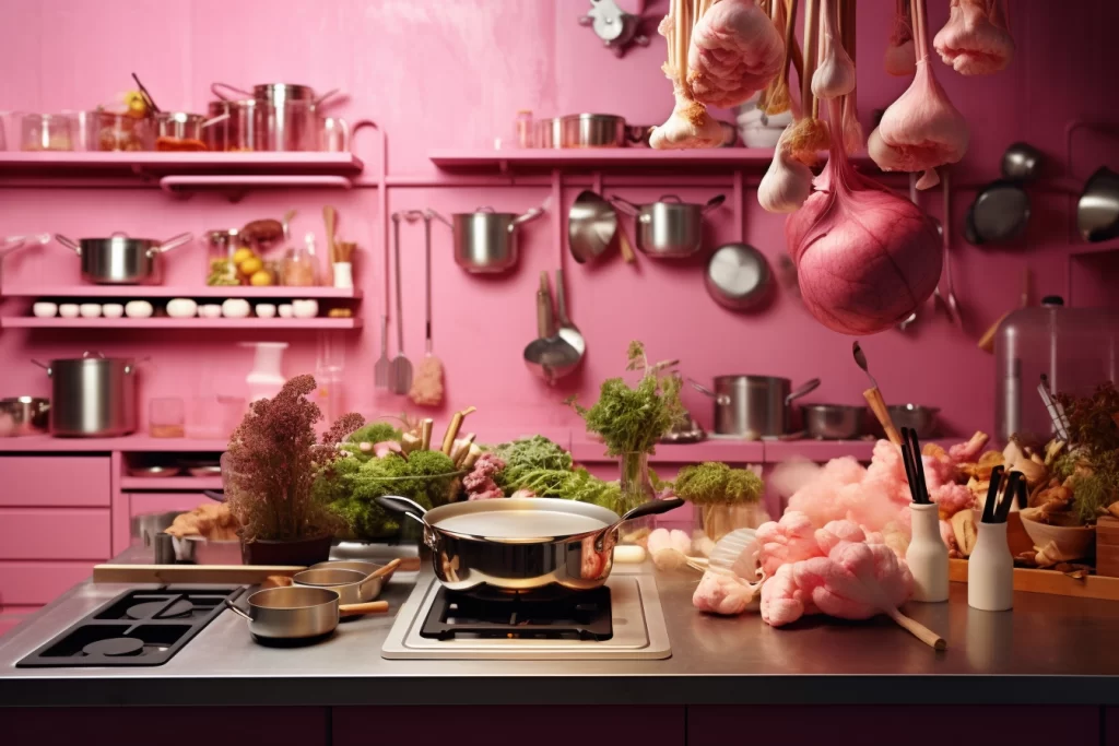 une cuisine rose avec des casseroles , une balance et des légumes