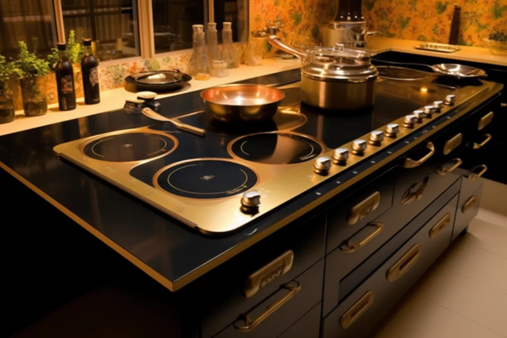 une table de cuisson à induction avec des poêles dessus.
