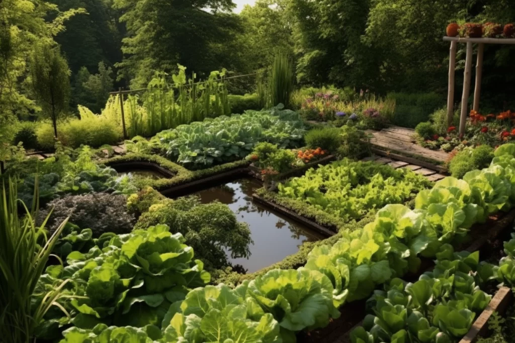 Un jardin avec des salades et un point d'eau