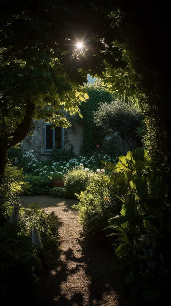 Cette image dépeint un jardinier attentif, pulvérisant un désherbant naturel dans un jardin magnifique. Derrière lui, une maison pittoresque se dresse fièrement, ajoutant à la beauté sereine de la scène.