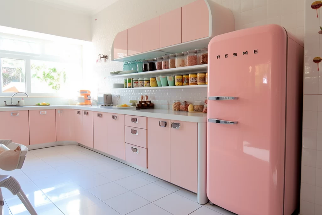 un mini frigo rose dans une superbe cuisine rose moderne