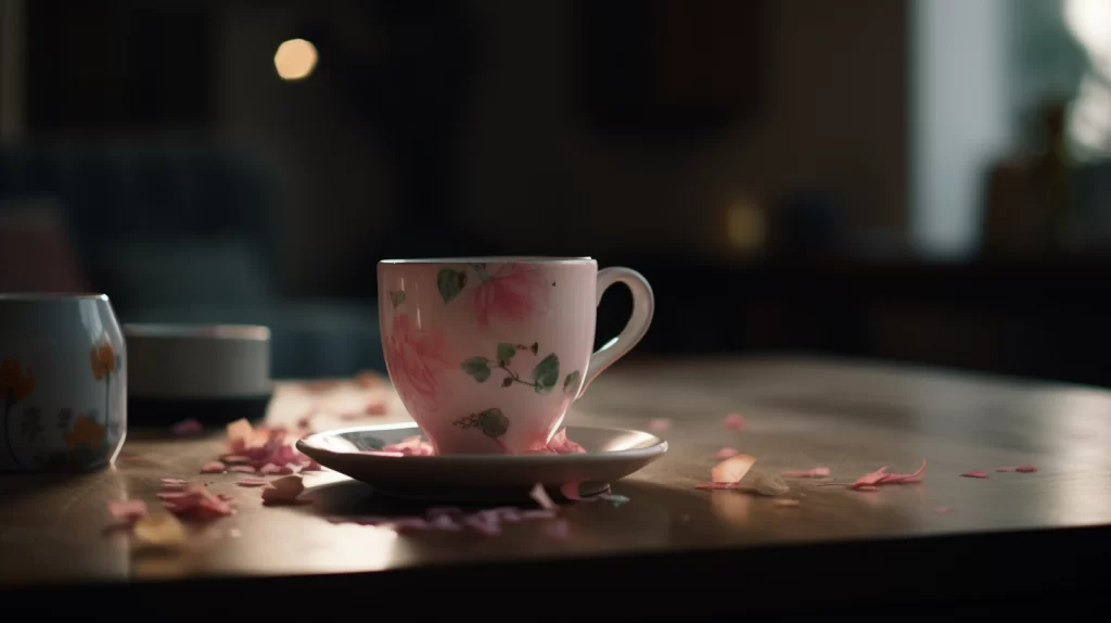une tasse à infusion de thé rose posé sur la table de salon. Des feuilles de roses posées à coté rendent l'ambiance agréable.
