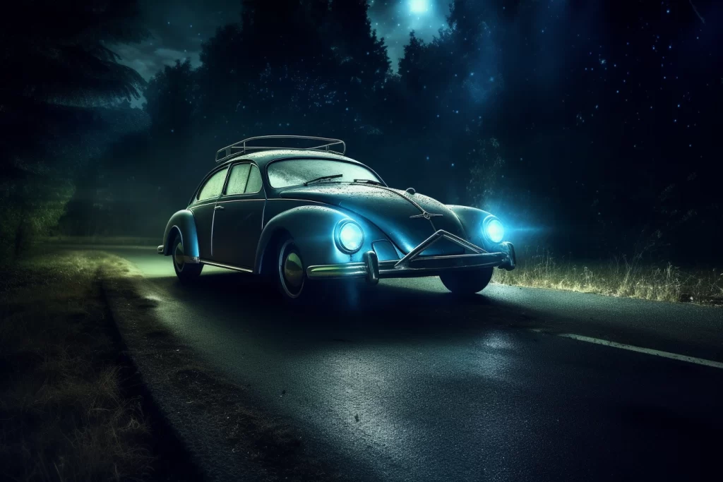 Une voiture élégante avec des phares Osram Xenarc illumine la route nocturne d'une lueur puissante et cristalline. Les ampoules Xenarc offrent une visibilité exceptionnelle, créant une atmosphère captivante et sécurisée pendant la conduite de nuit.
