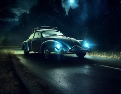 Une voiture élégante avec des phares Osram Xenarc illumine la route nocturne d'une lueur puissante et cristalline. Les ampoules Xenarc offrent une visibilité exceptionnelle, créant une atmosphère captivante et sécurisée pendant la conduite de nuit.