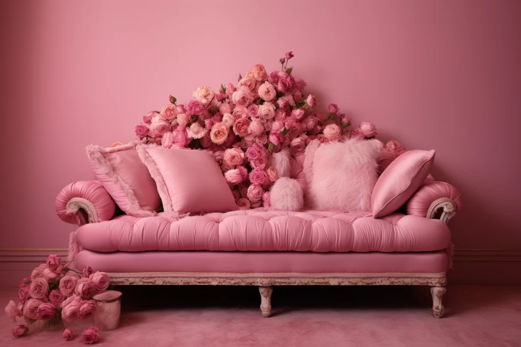un canapé élégant agrémenté de coussins rose. Le canapé, d'un design moderne et raffiné, offre un confort accueillant. Les coussins roses ajoutent une touche de douceur et de féminité à l'ensemble, créant une atmosphère chaleureuse et invitante. Les couleurs se marient harmonieusement, apportant une note de délicatesse à cet espace de détente. Le canapé avec ses coussins roses devient ainsi un véritable point focal, invitant à la détente et à la relaxation.