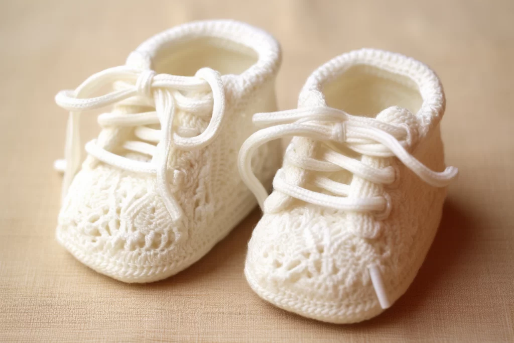 une paire de chaussures en laine blanche, spécialement conçues pour les premiers pas de bébé. Ces chaussures douces et confortables offrent un soutien optimal tout en permettant aux pieds de se développer naturellement. Elles sont idéales pour accompagner bébé dans ses premiers pas en toute sécurité et avec style.