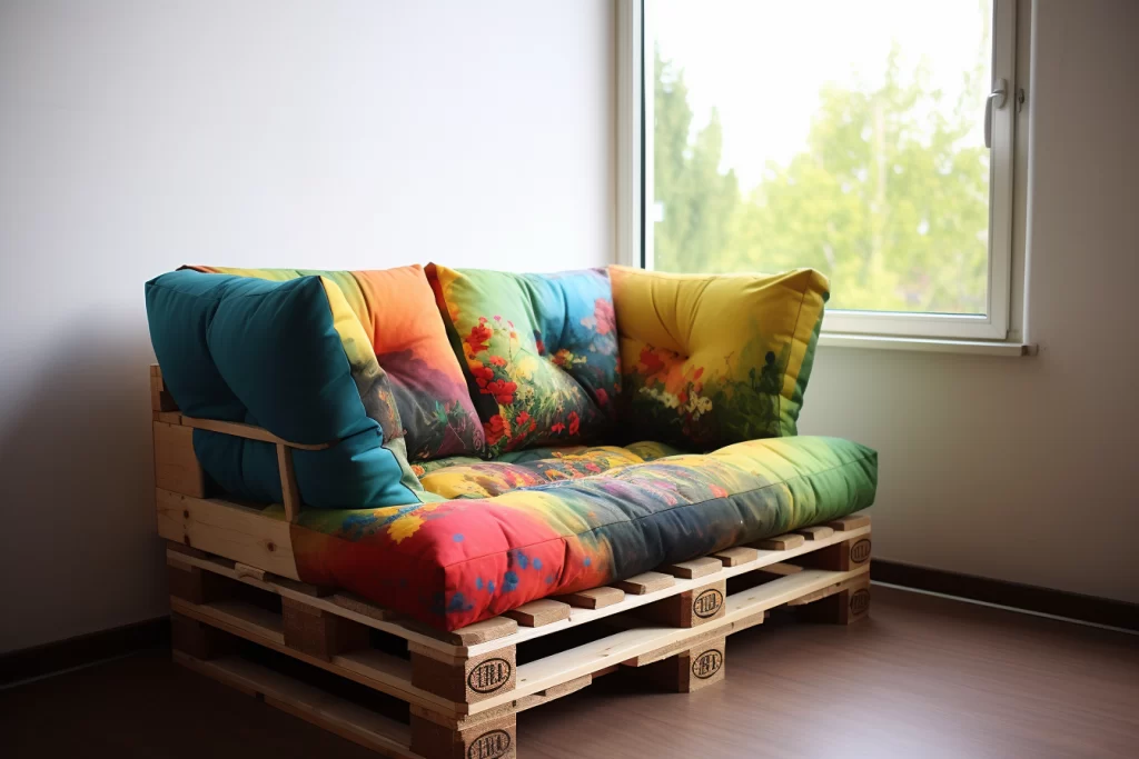  un superbe canapé réalisé à partir de palettes en bois. Le canapé, de conception simple mais élégante, respire le charme rustique et l'originalité. Les palettes en bois sont assemblées de manière ingénieuse, créant une structure solide et esthétique.
