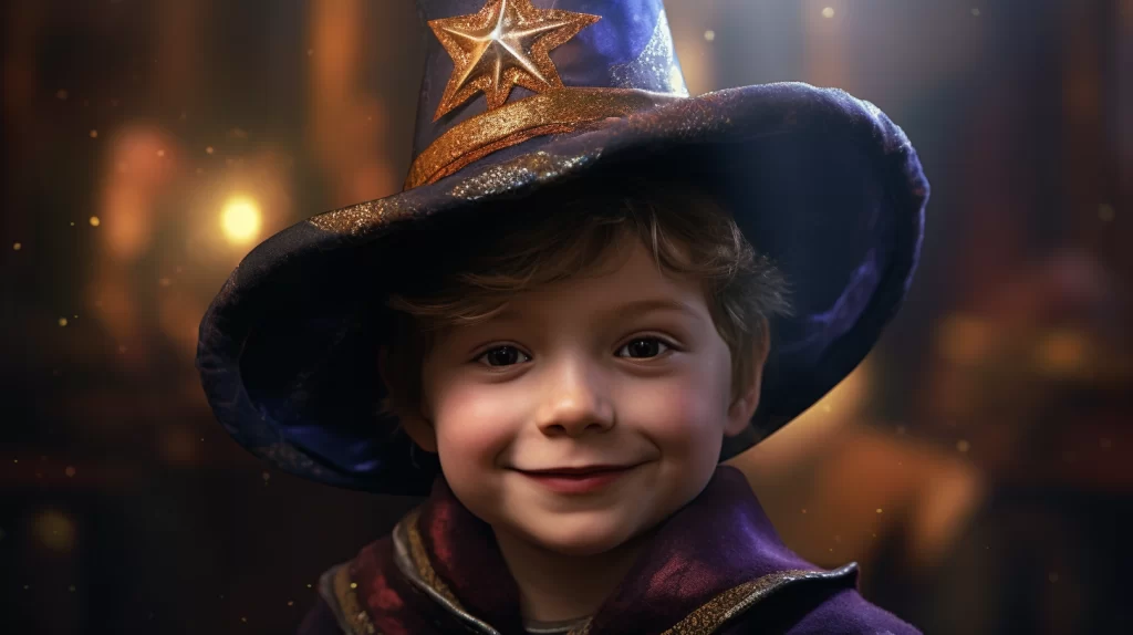 un jeune enfant vêtu d'un chapeau de magicien se trouve au centre de l'image. Le chapeau, orné de motifs mystérieux, repose de manière spectaculaire sur la tête de l'enfant. Avec un air de concentration et d'émerveillement, l'enfant utilise habilement ses accessoires magiques pour réaliser des tours captivants.