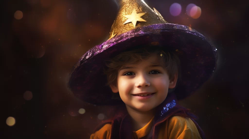 un enfant magicien portant un joli chapeau. Avec un air de mystère et d'excitation, l'enfant tient une baguette magique dans sa main et est prêt à réaliser des tours enchanteurs. Son sourire radieux témoigne de sa passion pour la magie et de sa volonté d'émerveiller son public. Le chapeau ajoute une touche de charme et de fantaisie à son allure de petit magicien plein de promesses.