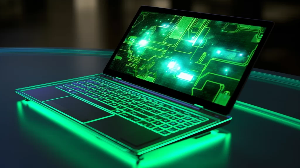 un ordinateur portable avec un clavier rétroéclairé dans un environnement futuriste. L'ordinateur repose sur une surface lisse et brillante, tandis que des lumières néon vives et colorées émanent du clavier, créant une atmosphère technologique captivante