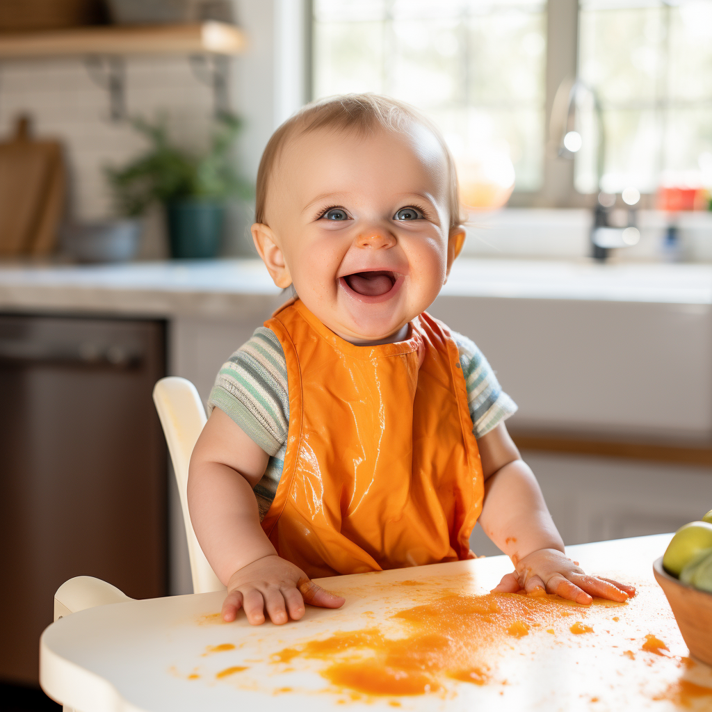 un bébé souriant avec un bavoir coloré, après avoir dégusté un repas de purée de carottes. Son visage est joyeux, les traces orangées de carottes témoignent de son appétit satisfait. La photo capture l'instant de bonheur d'un bébé après un repas savoureux et nutritif.