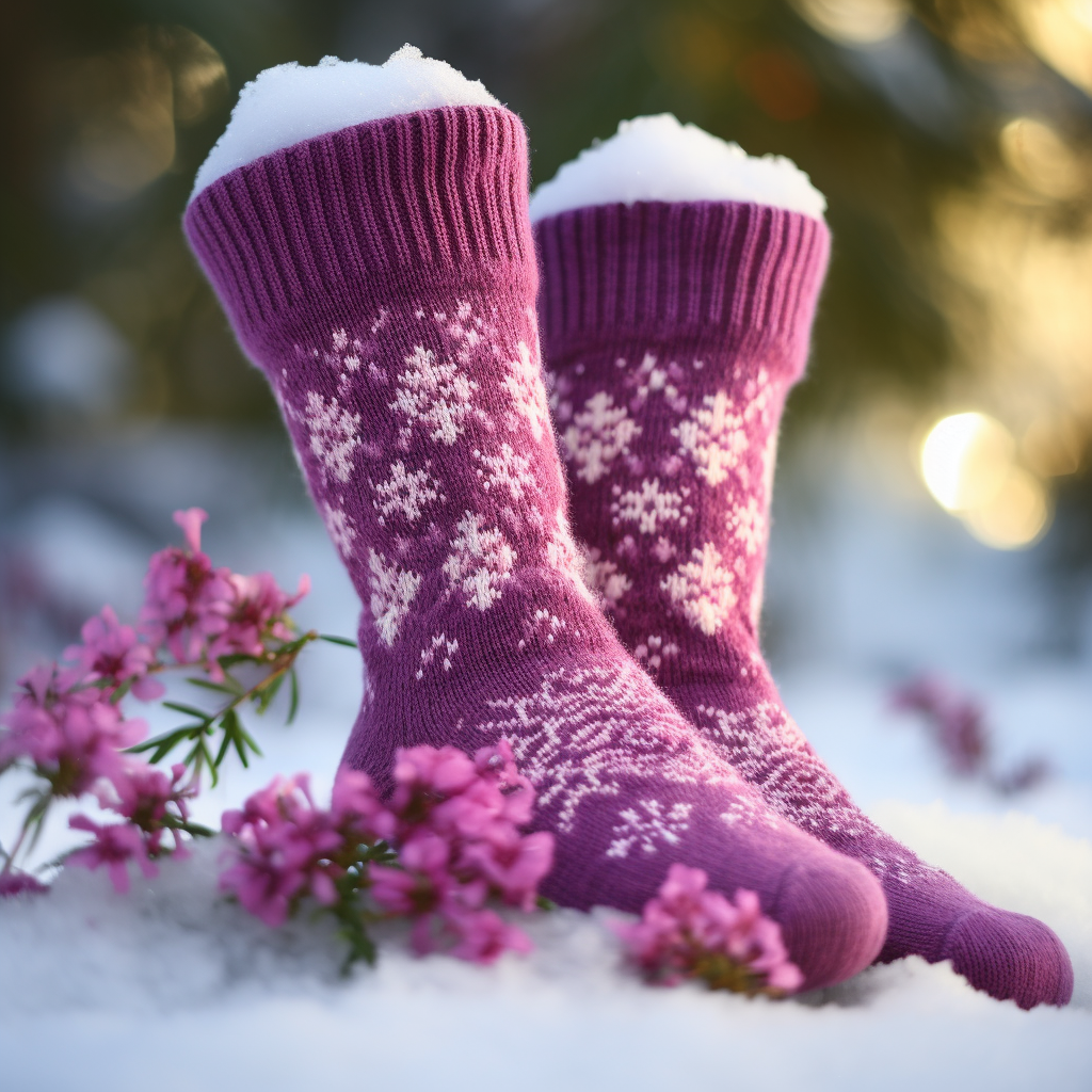  une paire de chaussettes chaudes pour femme, en montrant leur texture douce et moelleuse, ainsi que leurs couleurs et motifs attrayants.