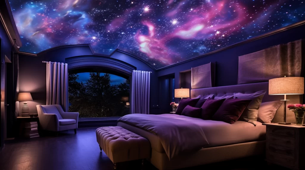 une chambre éclairé par un projecteur galaxie