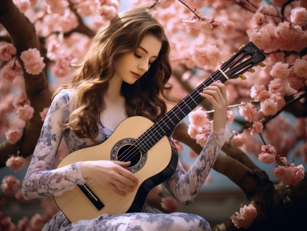 Une joueuse de guitare classique s'installe avec élégance sous un cerisier en fleurs. Le doux murmure des pétales roses qui tombent autour d'elle accompagne sa musique délicate. La scène est empreinte de sérénité, capturant l'harmonie entre la musicienne et la nature qui l'entoure.