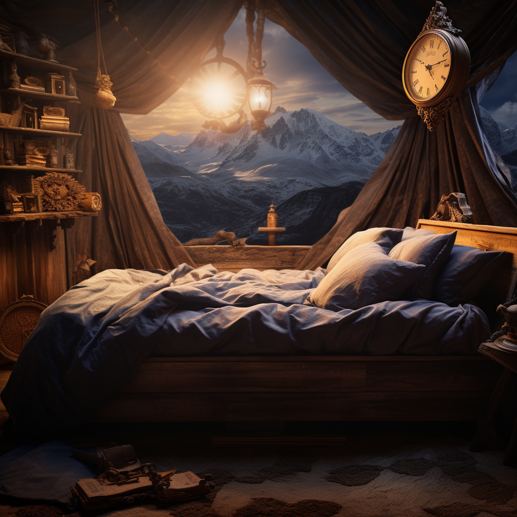 un lit avec un matelas king size installé dans un chalet en montagne. La photo représente une chambre douce et agréable avec un lit king size.