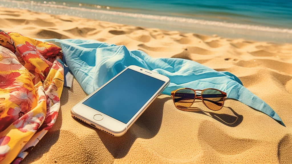 un smartphone élégant, doté de la fonction double SIM, repose délicatement sur une serviette étendue sur le sable doré d'une plage paradisiaque. Les reflets du soleil scintillent sur l'écran, évoquant des possibilités infinies de connectivité. L'environnement est serein, avec une vue imprenable sur l'océan bleu azur et le ciel dégagé. Cette image capture l'idée de rester connecté tout en profitant du calme et de la beauté de la plage.