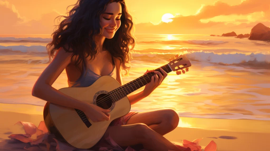 une jeune femme rayonne sur une plage de sable doré, vêtue d'un maillot de bain éclatant. Assise avec grâce, elle tient un ukulélé entre ses mains, concentrée sur son apprentissage musical. Le paysage côtier baigné de lumière offre un cadre idyllique pour cette scène d'apprentissage, et l'océan bleu calme ajoute une touche apaisante à l'instant magique. Le sourire radieux de la jeune femme témoigne de sa joie de découvrir les accords mélodieux de cet instrument enjoué.