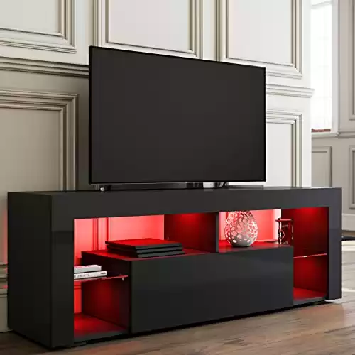 SIRHONA Meuble TV LED Noir, Banc TV 140x35x51cm, Éclairage LED RGB avec Couleur réglable)