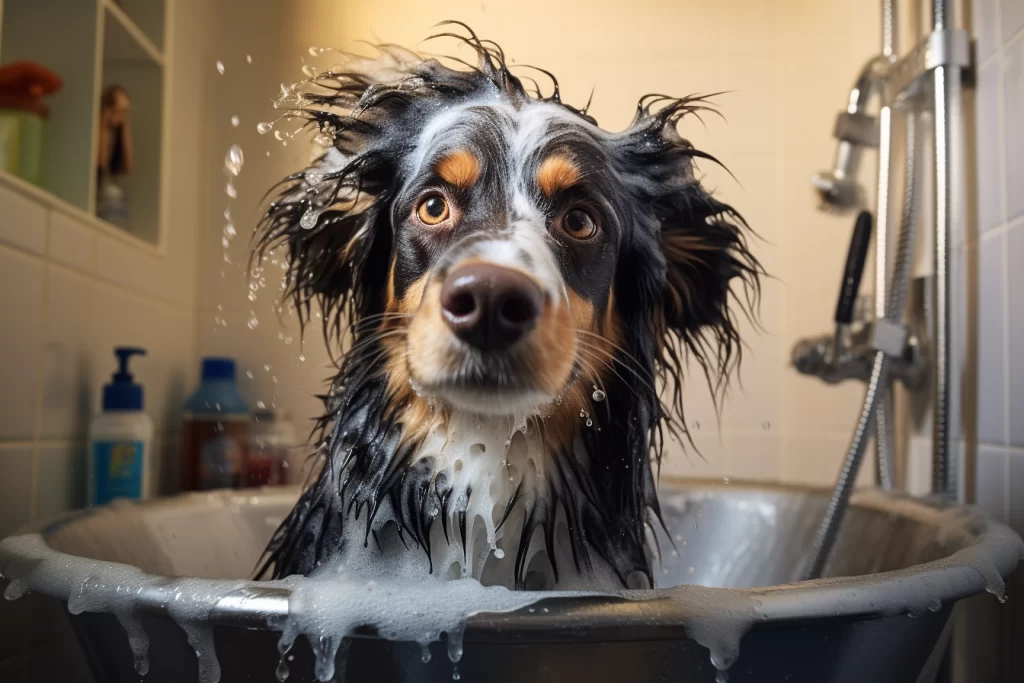  un chien plein de joie en train de prendre un bain moussant dans une baignoire. La mousse déborde tout autour de lui, témoignant de son plaisir débordant. Son visage rayonne de bonheur, et on peut presque sentir sa satisfaction à travers l'image. Une véritable démonstration de bonheur canin dans un moment de détente bien mérité ! 🐶🛁🐾