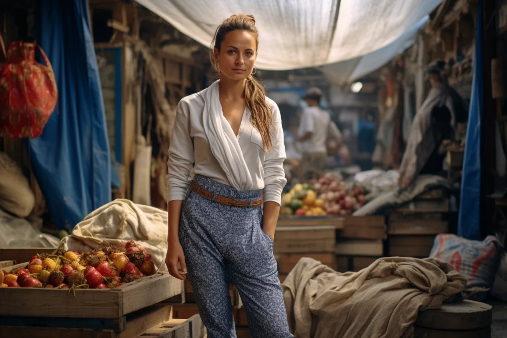 une femme en sarouel dans un marché de paris. Elle est décontracté et porte son pantalon sarouel à merveille