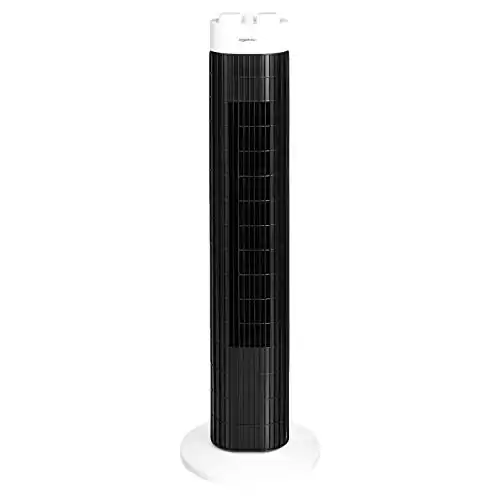 Amazon Basics Ventilateur tour portable, oscillant, 3 vitesses avec minuteur, 45 W, Blanc
