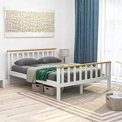 Cadre de lit en pin Massif, tête de lit, Blanc et Pin, 1,4 m